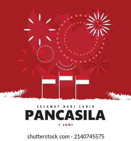 Pancasila day of Indonesia celebration vector illustration with flags on the pole, fireworks, and national coat of arms silhouette. Indonesian text translated as 