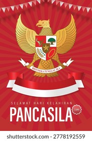 Pancasila Day Poster Template over Radiant Red Background with Golden Garuda Emblem Design