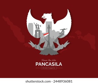 Pancasila Day Red Hintergrund mit Indonesien Karte, Wahrzeichen und Garuda