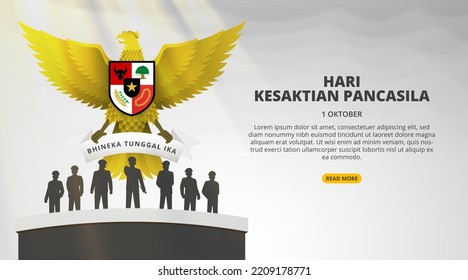 Pancasila Sanctity Day background with a Garuda Pancasila and statues of army