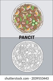 Pancit Noodles Filipino Dish Cuisine Vector Illustration with black and white image