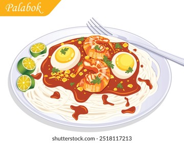 Pancit Palabok Platte mit Gabel. Dünne Reisnudeln mit Garnelensoße, Garnelen, gekochten Eiern, zerkleinertem Chicharon, Calamansi und Petersilie. Filipino Cuisine Vektor Kunst 