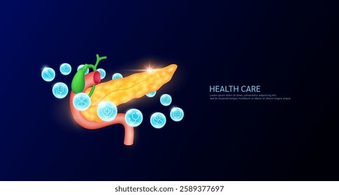 Pancreas anatomy with medical icon sign symbol inside glowing ball surrounded. Human organ on dark blue background. Medical science health care concept. Banner Vector.
