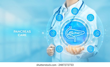 Cuidado y salud del páncreas. Tratamiento de enfermedades pancreáticas, pancreatitis aguda y crónica. Doctor sosteniendo en la mano Icono del páncreas y conexión de red de iconos médicos en pantalla virtual. Vector.