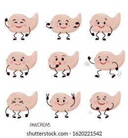 Pancreas cartoon characters set. Collection of Cute human internal organ with different emotions, caricature, animation. Vector illustration