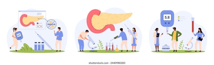 Pancreas checkup, diabetes set. Tiny people check endocrine gland health, study medical tests of patient with microscope, measure blood sugar level with glucometer cartoon vector illustration