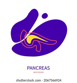 Pancreas Diagram Of Endocrine And Digestive System. Body Organ Outline Icon On Abstract Geometric Splash. Human Anatomy Medical Symbol. Vector Illustration.