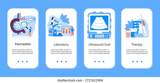 Pancreas doctors examine, make ultrasound. Tiny therapist looks through magnifying glass. Health care flat concept for app, web, flyer. Chronic problems of endocrine systems.