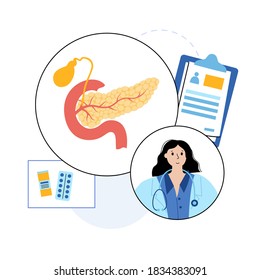 Anatomía de páncreas, duodeno y vesícula biliar en el cuerpo humano. Concepto de sistema digestivo y logotipo de clínica gastrointestinal. Ilustración aislada del vector del centro médico de atención de la salud. Cartel interno de un órgano.