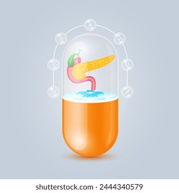 Pankreas schwimmt auf Kreuz-Symbolen medizinisch in transparenter orangefarbener Kapsel Pille. Doktor-, Spritzen-, Schild- und Stethoskop-Symbole sind die Peripherie. Medizinischer Organschutz und medizinische Versorgung. Vektorgrafik.