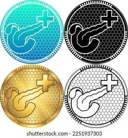 Pancreas, Gallbladder Endocrine, Digestive System Healthy Assurance Guarantee Medical Logo, Set of Round Icon Pictogram, Black-White Silhouette, Golden Badge, Line Art Isolated on White Background