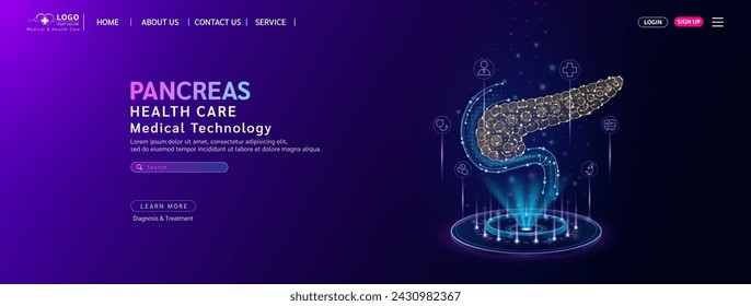 Pancreas health care. Diagnose disease with technology artificial intelligence. Medical website template layout design. Banner for medical ads online social media. Science medicine business. Vector.