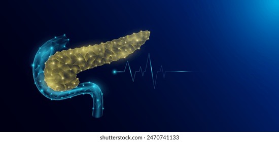 Páncreas anatomía de órganos humanos en forma de polígono bajo poli futurista y onda de pulso brillante. Anuncio de Plantilla de ciencias médicas con espacio vacío para texto. Ilustración del EPS10 del Vector.