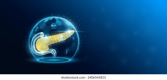 Pancreas human organ inside dome shield protection futuristic and medical icon transparent. Technology innovation health care. Medical science ads website banner with empty space for text. Vector.