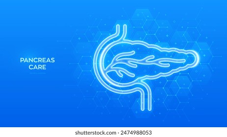 Pancreas icon. Pancreas health, care and protection. Treatment of pancreatic diseases, acute and chronic pancreatitis. Molecular structure. Blue medical background with hexagons. Vector illustration.