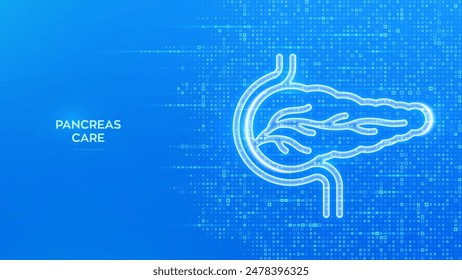 Pancreas icon. Pancreas health, care and protection. Treatment of pancreatic diseases, acute and chronic pancreatitis. Blue medical background made with cross shape symbol. Vector illustration.