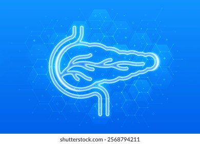 Pancreas icon. Pancreas health, care and protection. Treatment of pancreatic diseases, acute and chronic pancreatitis. Molecular structure. Blue medical background with hexagons. Vector illustration.