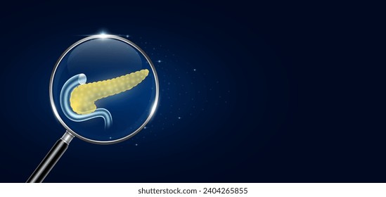 Pancreas in magnifying glass with scan search. Health care medical check up too innovative futuristic digital technology. Body health checkup examining organ and blue glowing neon heart pulse. Vector.