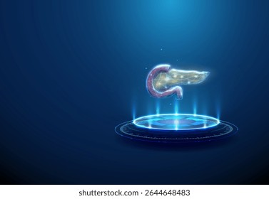 Pâncreas no pódio futurista. Sistema endócrino, gestão da diabetes, diagnóstico pancreático, conceito de tecnologia de órgãos artificiais. Símbolo de pâncreas brilhante, plataforma de ficção científica com iluminação neon. Vetor.