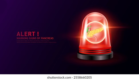 Pancreas organ human in red siren light. Danger signs of pancreas disease. Warning flasher alert emergency. Medical distress signal. Vector EPS10.