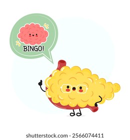 Pancreas with speech bubble and brain character. Vector hand drawn cartoon kawaii character illustration. Isolated white background. Pancreas and poster with brain