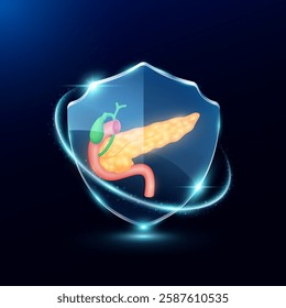 Pancreas in translucent glass shield modern. Surrounded by glowing ring safety guardian. Human anatomy organ on blue background. Medical health care immunity and protection concept. Vector EPS10.