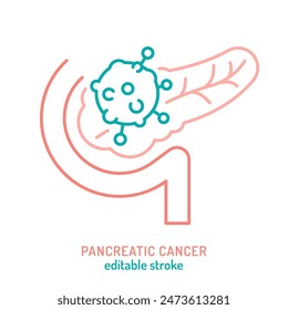 Pancreatic cancer. Adenocarcinoma. Oncology linear pictogram. Interdisciplinary medical specialty symbol. Cancer icon, sign in outline style. Editable vector illustration isolated on white background