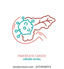 Pancreatic cancer. Adenocarcinoma. Oncology linear pictogram. Interdisciplinary medical specialty symbol. Cancer icon, sign in outline style. Editable vector illustration isolated on white background