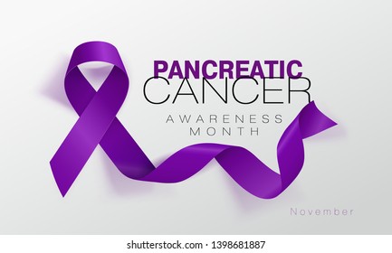 Pancreatic Cancer Awareness Calligraphy Poster Design. Realistic Purple Ribbon. November is Cancer Awareness Month. Vector