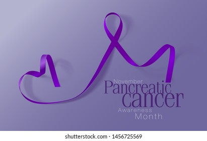 Pancreatic Cancer Awareness Calligraphy Poster Design. Realistic Purple Ribbon. November is Cancer Awareness Month. Vector