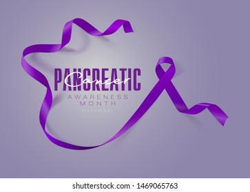 Pancreatic Cancer Awareness Calligraphy Poster Design. Realistic Purple Ribbon. November is Cancer Awareness Month. Vector
