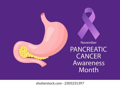 Pancreatic Cancer Awareness Month. Banner with purple ribbon and pancreas. Vector	
