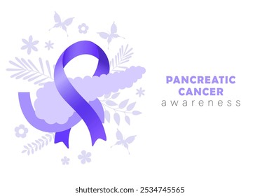 Mês de Conscientização sobre o Câncer Pancreático. Banner, cartaz, cartão, desenho de fundo. Pâncreas com flores e ilustração de vetor de fita