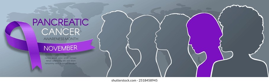 Pancreatic Cancer Awareness Month. Horizontal banner with a purple ribbon, space for text, and diverse people. Vector flat illustration.