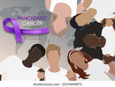 Mês de Conscientização sobre o Câncer Pancreático. Banner horizontal com uma faixa roxa, espaço para texto e pessoas diversas de mãos dadas. Ilustração plana vetorial.