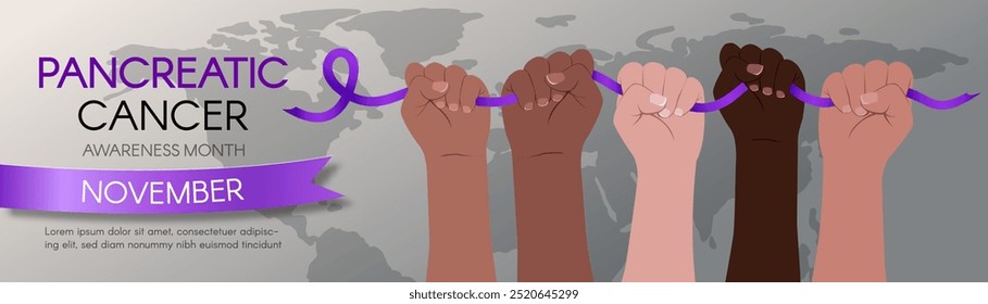 Pancreatic Cancer Awareness Month. Long horizontal banner with diverse hands holding a purple ribbon and space for text.  Vector flat illustration.