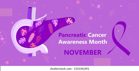 Pancreatic Cancer Awareness Month is organized on November in USA. Floral background with human's pancreas, autumn leaves and purple ribbon. Cartoon concept vector for banner, flyer, web.