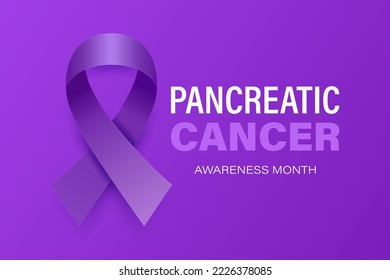 Pancreatic Cancer Banner, Card, Placard with Vector 3d Realistic Purple Ribbon on Purple Background. Pancreatic Cancer Awareness Month Symbol Closeup. World Pancreatic Cancer Day Concept