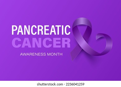 Pancreatic Cancer Banner, Card, Placard con Cinta Púrpura Realista Vector 3d sobre fondo púrpura. Cierre del Mes de Concienciación sobre el Cáncer Pancreático. Concepto del Día Mundial del Cáncer Pancreático