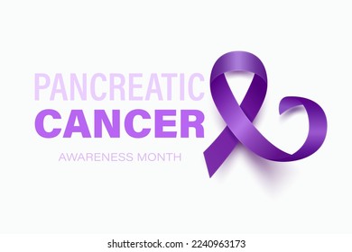 Pancreatic Cancer Banner, Card, Placard with Vector 3d Realistic Purple Ribbon on Purple Background. Pancreatic Cancer Awareness Month Symbol Closeup. World Pancreatic Cancer Day Concept