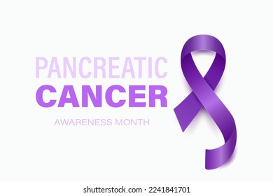 Pancreatic Cancer Banner, Card, Placard with Vector 3d Realistic Purple Ribbon on Purple Background. Pancreatic Cancer Awareness Month Symbol Closeup. World Pancreatic Cancer Day Concept