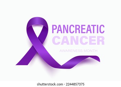 Pancreatic Cancer Banner, Card, Placard with Vector 3d Realistic Purple Ribbon on White Background. Pancreatic Cancer Awareness Month Symbol Closeup. World Pancreatic Cancer Day Concept