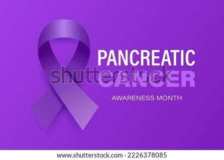 Pancreatic Cancer Banner, Card, Placard with Vector 3d Realistic Purple Ribbon on Purple Background. Pancreatic Cancer Awareness Month Symbol Closeup. World Pancreatic Cancer Day Concept