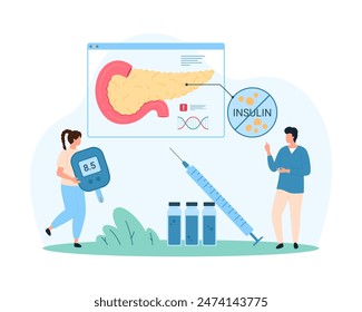 Pancreatic disease awareness, diabetes and endocrine gland health. Tiny people holding glucometer, work on infographic poster with pancreas of patient and diabetes reasons cartoon vector illustration