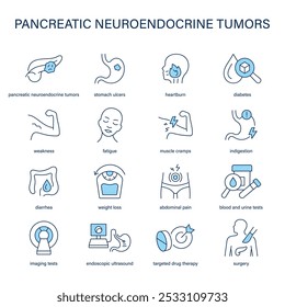 Pancreatic Neuroendocrine Tumors symptoms, diagnostic and treatment vector icon set. Medical icons.