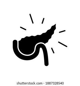 Pancreatitis black glyph icon. Stomach disease. Pathologic pancreas inflammation. Large gland. Digestive enzymes, hormones. Silhouette symbol on white space. Vector isolated illustration