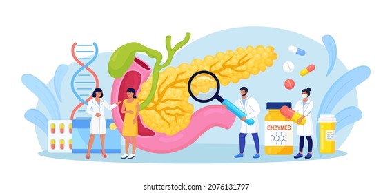 Pancreatitis concept. Gastroenterologist diagnose pancreas inflammation. Doctor examine patient. Digestive system disease treatment. Internal organs cancer. Vector illustration