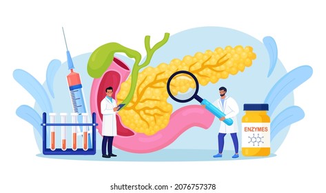 Pancreatitis concept. Gastroenterologist diagnose pancreas inflammation. Doctor examine patient. Digestive system disease treatment. Internal organs cancer. Vector illustration