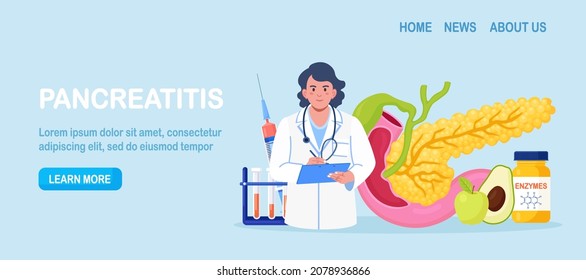 Pancreatitis concept. Gastroenterologist diagnose pancreas inflammation. Doctor examine patient. Digestive system disease treatment. Internal organs cancer. Vector illustration