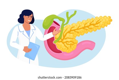 Pancreatitis concept. Gastroenterologist diagnose pancreas inflammation. Doctor examine patient. Digestive system disease treatment. Internal organs cancer. Vector illustration